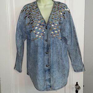 Vtg 80s Monique Fashions denim bling stud embellished bodice‎ shirt or jacket